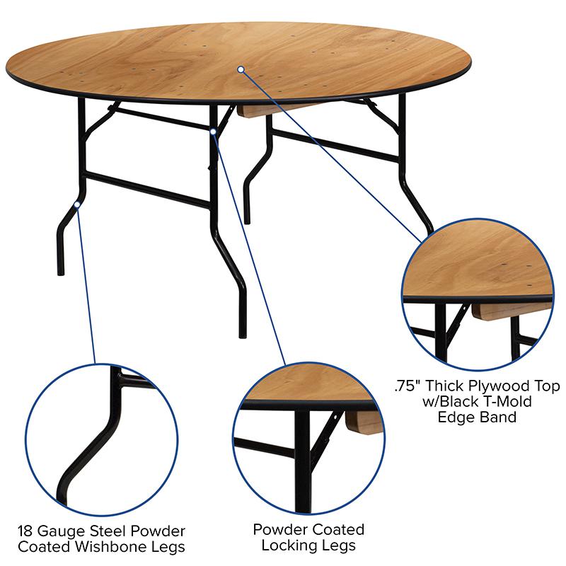 5-Foot Round Wood Folding Banquet Table with Clear Coated Finished Top. Picture 4