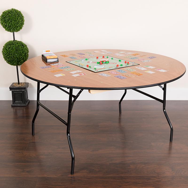 5-Foot Round Wood Folding Banquet Table with Clear Coated Finished Top. Picture 5