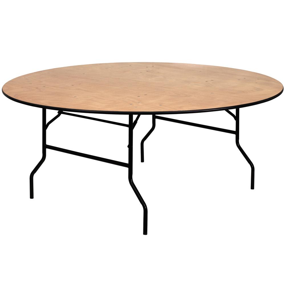 6-Foot Round Wood Folding Banquet Table with Clear Coated Finished Top. Picture 1