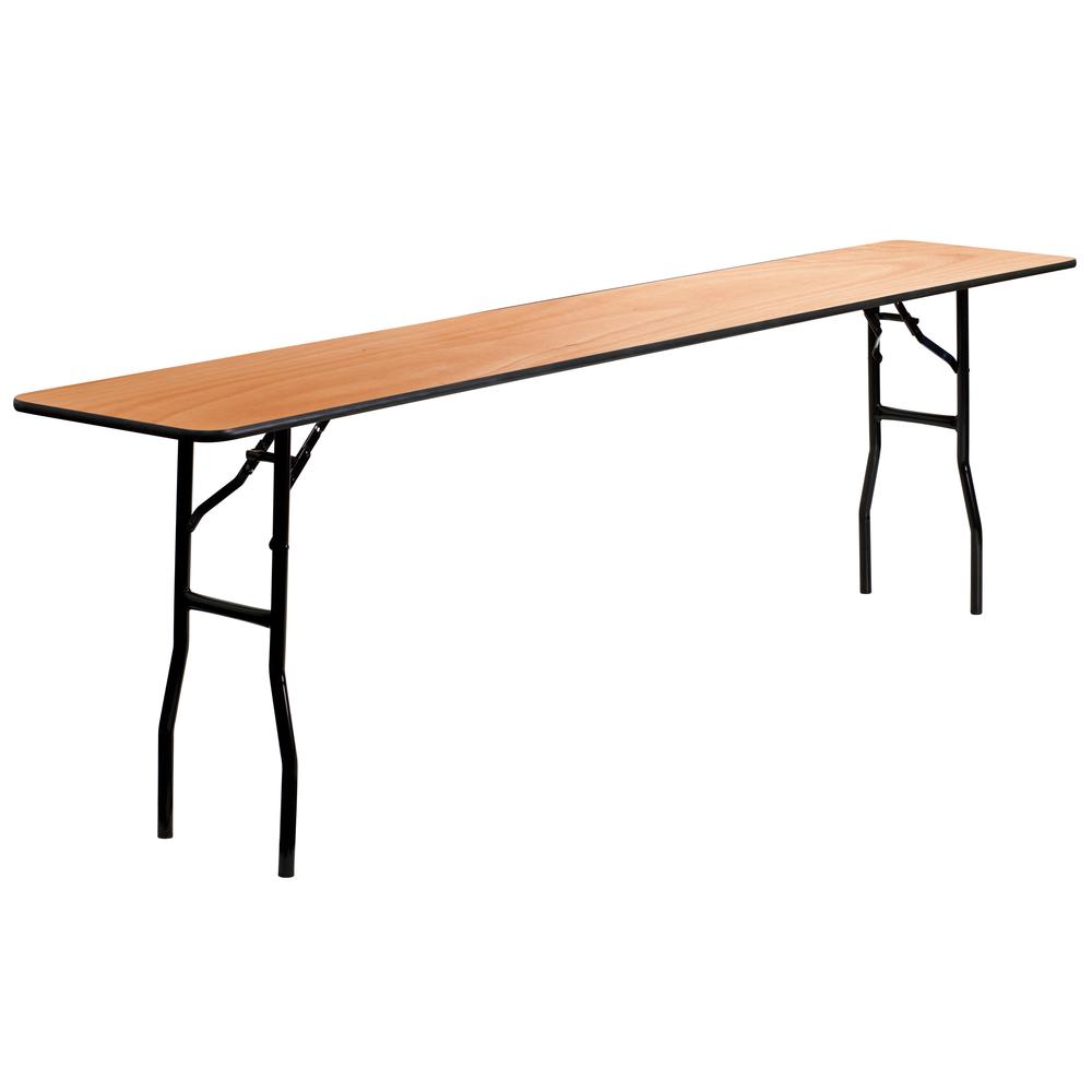 8-Foot Wood Folding Table with Smooth Clear Coated Finished Top. Picture 1