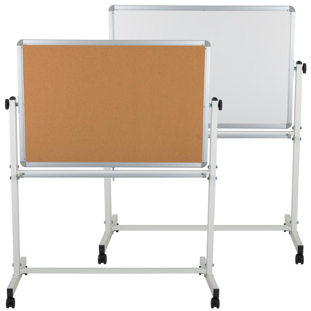 Reversible Mobile Cork Bulletin Board and White Board with Pen Tray, 45.25"W x 54.75"H. Picture 1