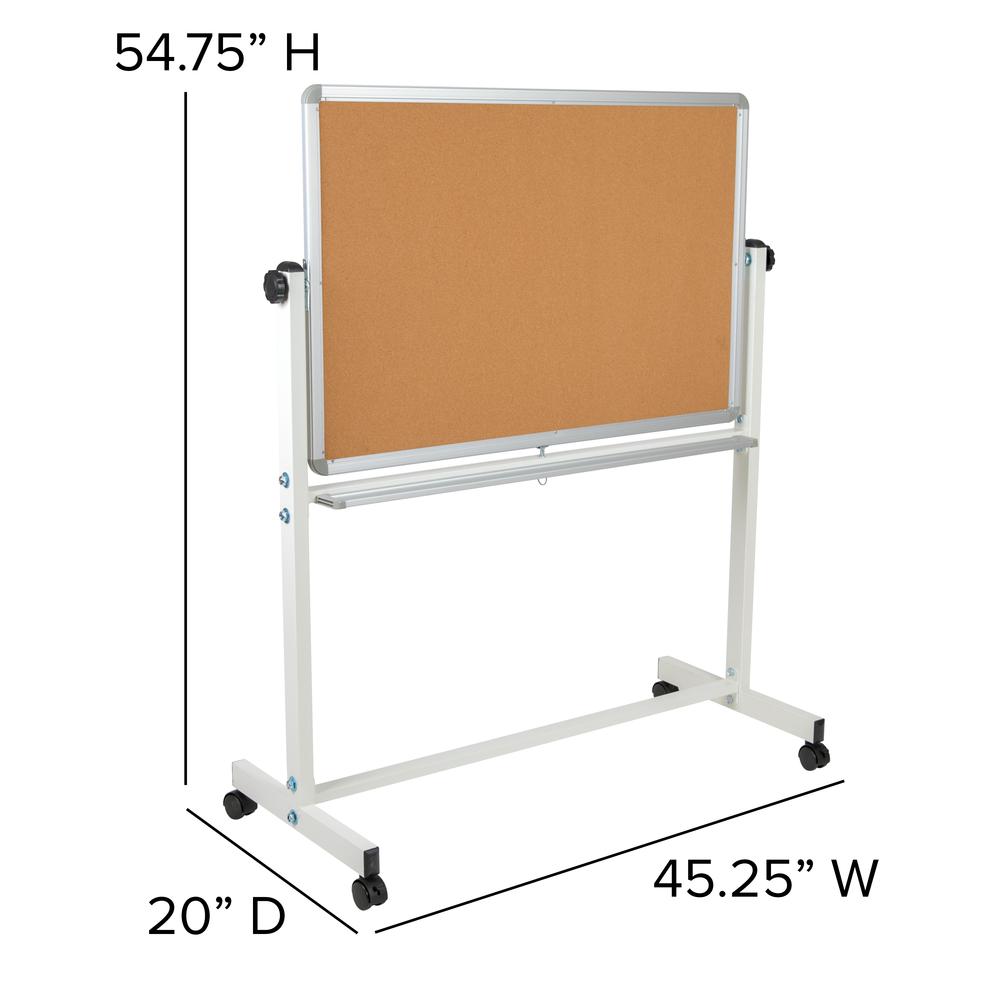 HERCULES Series 45.25"W x 54.75"H Reversible Mobile Cork Bulletin Board and White Board with Pen Tray. Picture 4