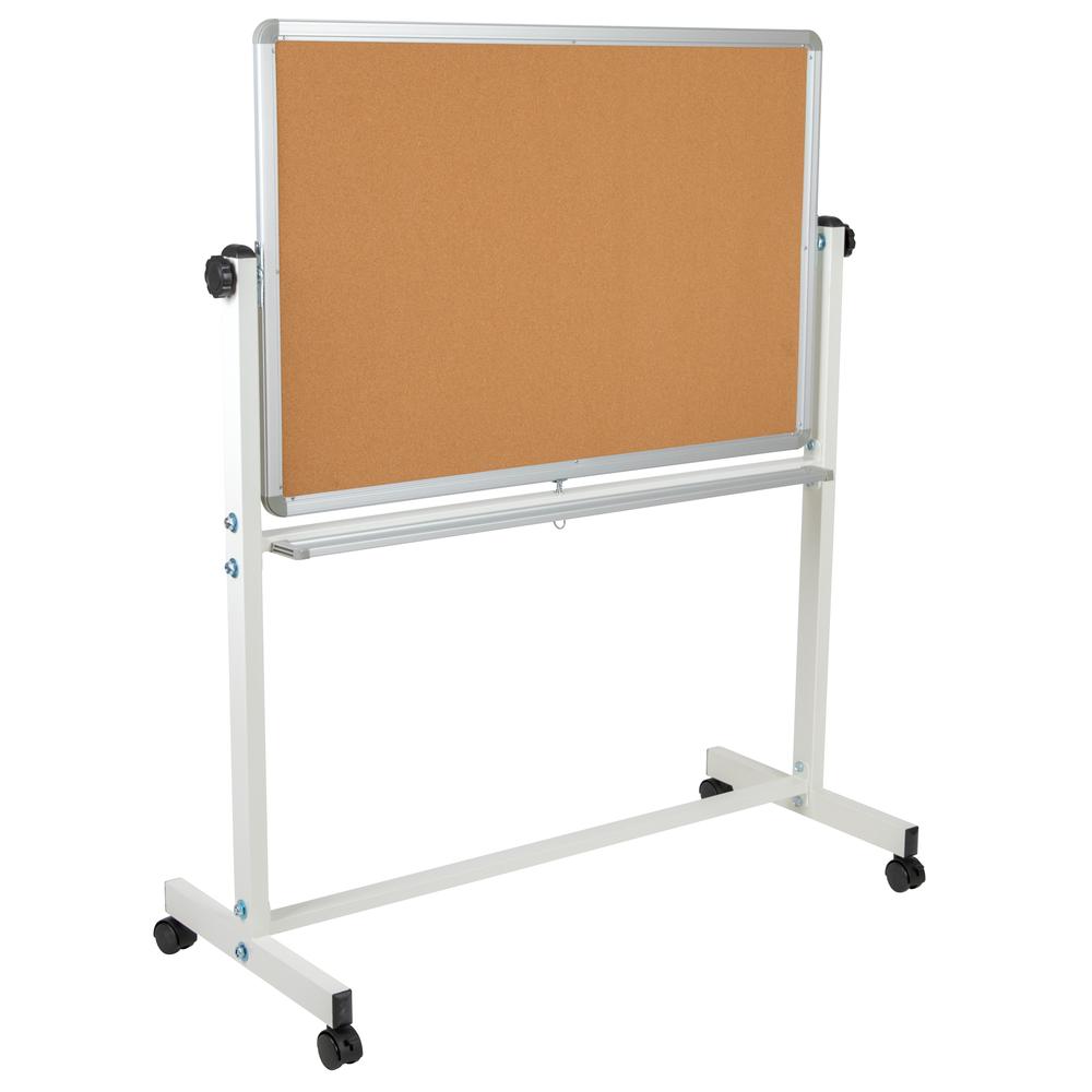 Reversible Mobile Cork Bulletin Board and White Board with Pen Tray, 45.25"W x 54.75"H. Picture 3