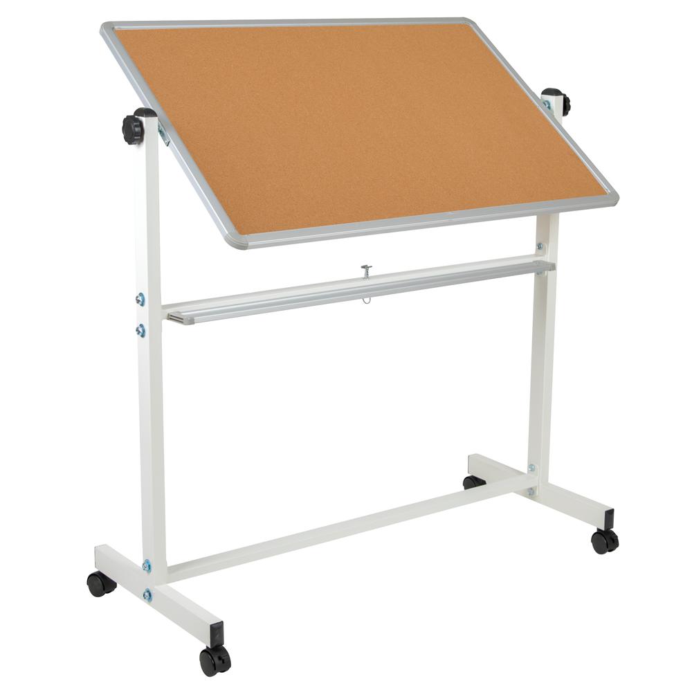 Reversible Mobile Cork Bulletin Board and White Board with Pen Tray, 45.25"W x 54.75"H. Picture 6