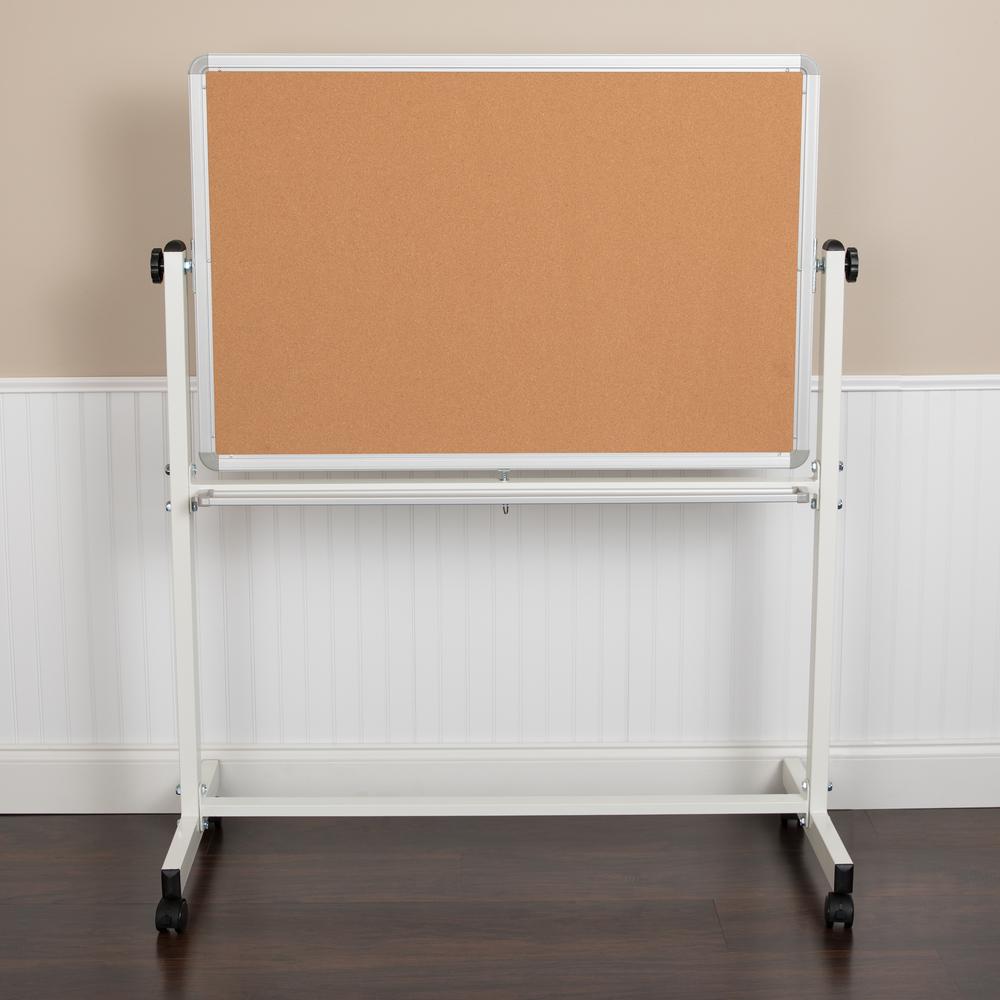 HERCULES Series 45.25"W x 54.75"H Reversible Mobile Cork Bulletin Board and White Board with Pen Tray. Picture 2