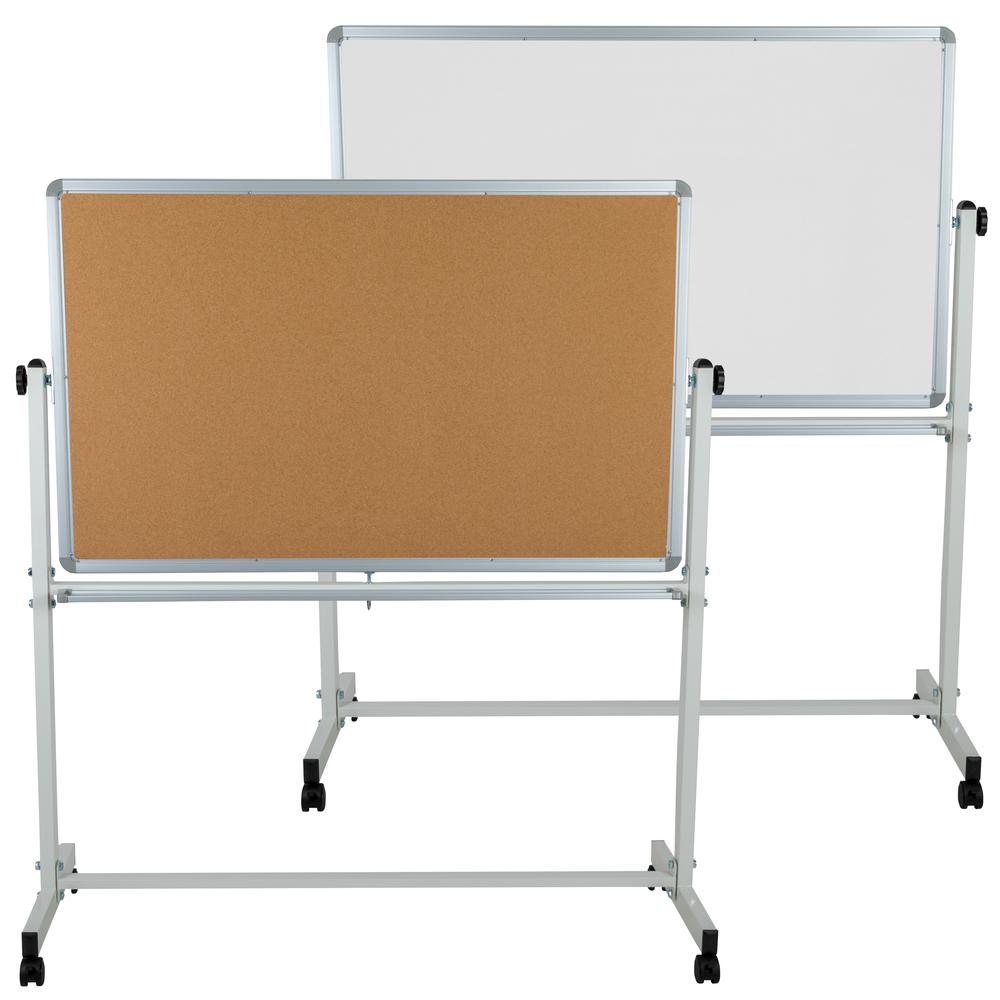 Reversible Mobile Cork Bulletin Board and White Board with Pen Tray, 53"W x 59"H. Picture 1