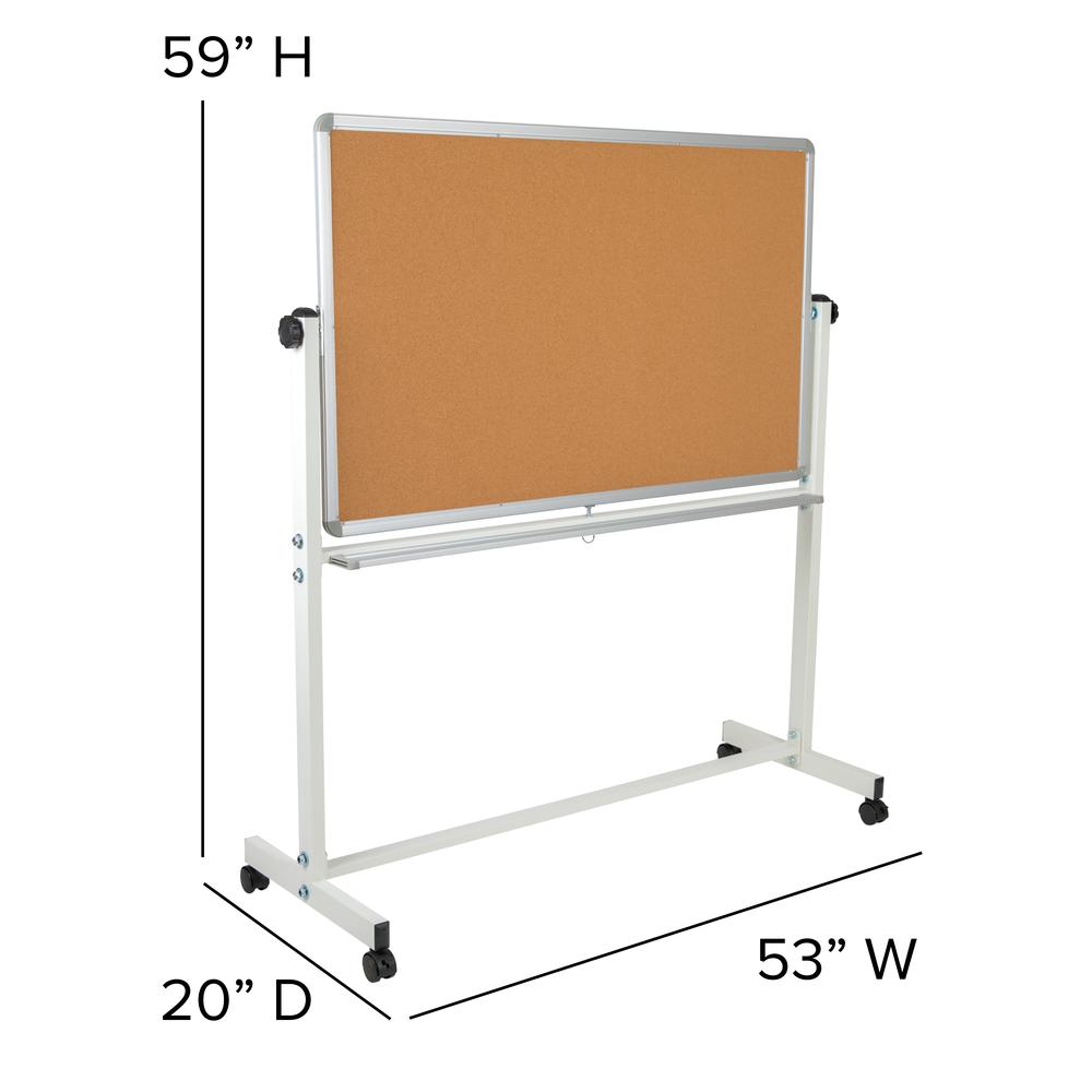 Reversible Mobile Cork Bulletin Board and White Board with Pen Tray, 53"W x 59"H. Picture 2