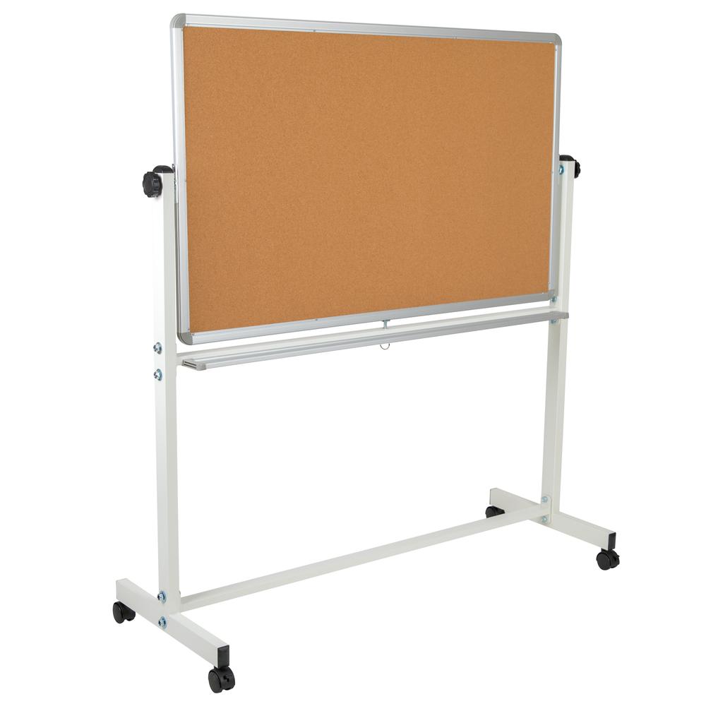 Reversible Mobile Cork Bulletin Board and White Board with Pen Tray, 53"W x 59"H. Picture 3