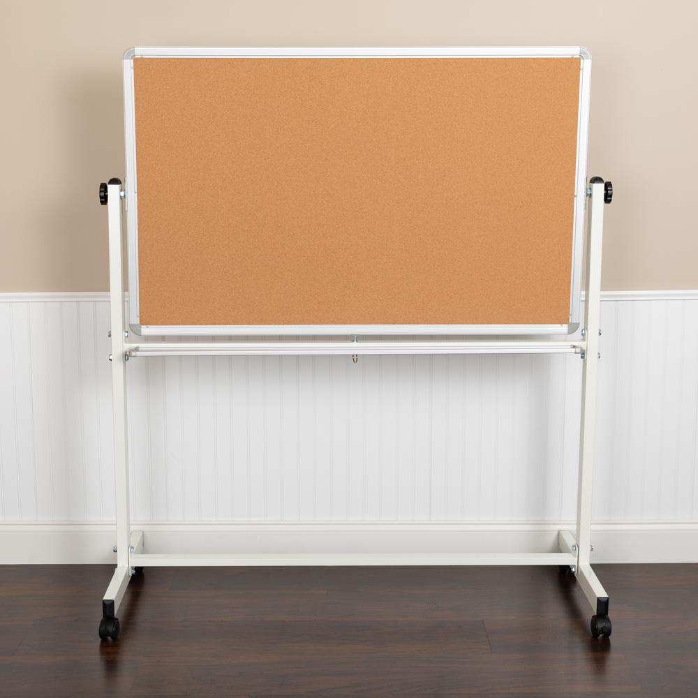 53"W x 59"H Reversible Mobile Cork Bulletin Board and White Board with Pen Tray. Picture 2