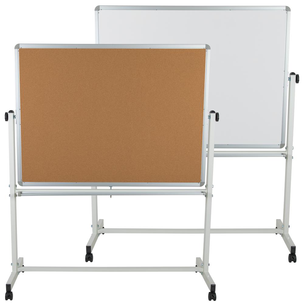 Reversible Mobile Cork Bulletin Board and White Board with Pen Tray, 53"W x 62.5"H. Picture 1