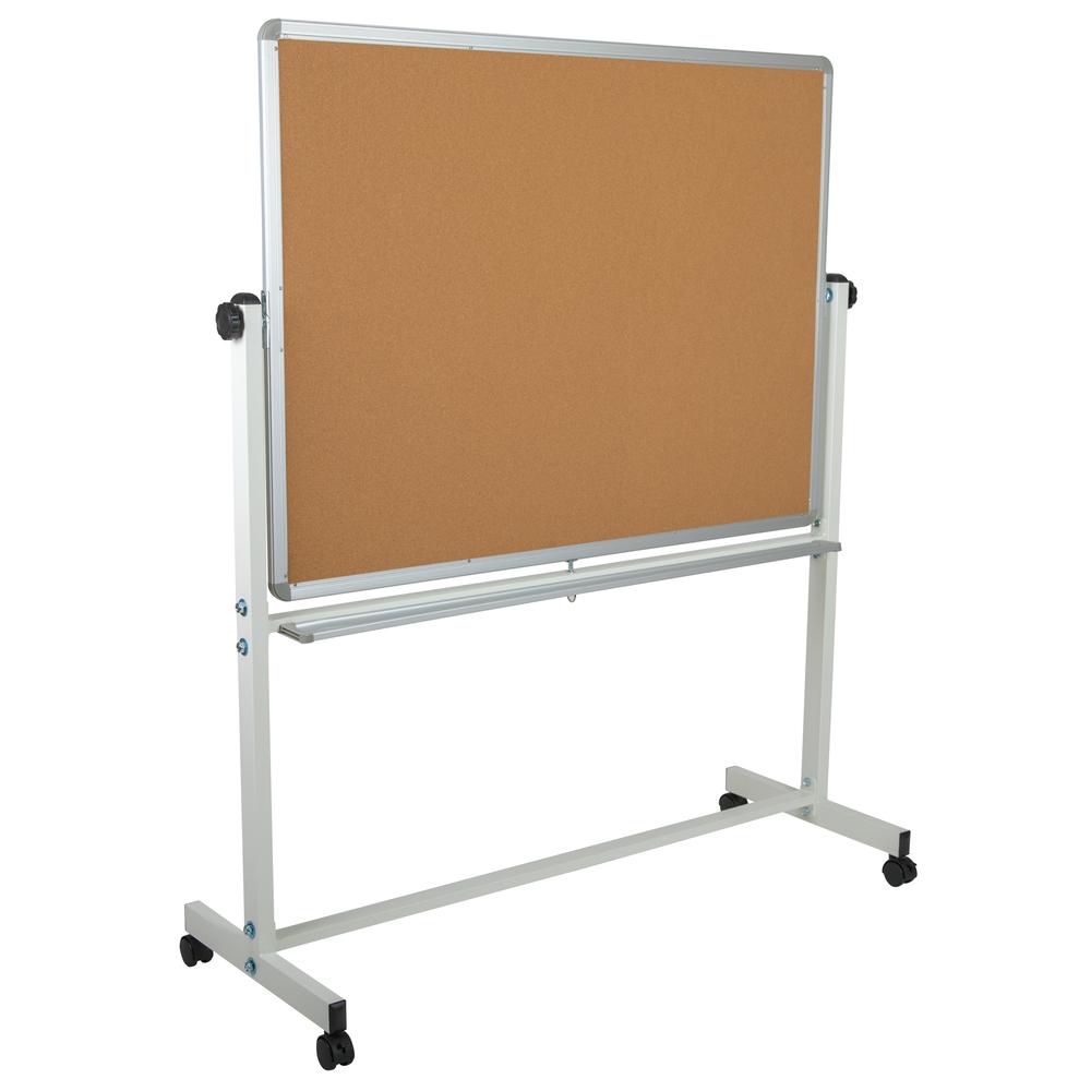 Reversible Mobile Cork Bulletin Board and White Board with Pen Tray, 53"W x 62.5"H. Picture 3