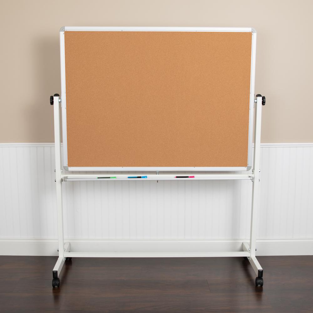 Reversible Mobile Cork Bulletin Board and White Board with Pen Tray, 53"W x 62.5"H. Picture 14