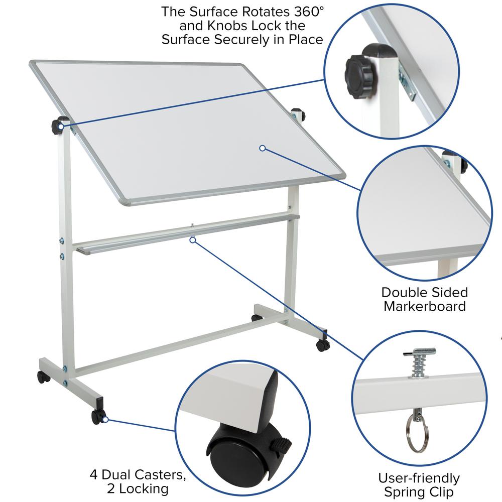 53"W x 62.5"H Double-Sided Mobile White Board with Pen Tray. Picture 3