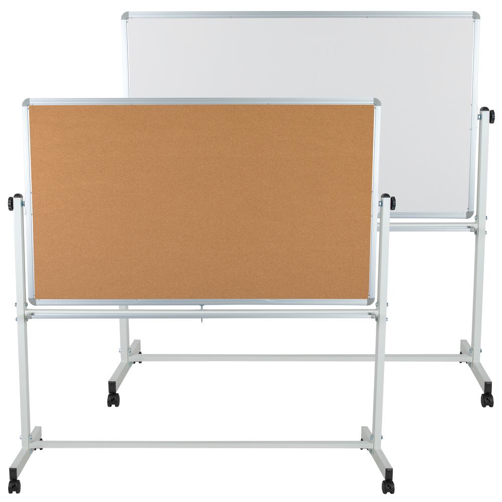 Reversible Mobile Cork Bulletin Board and White Board with Pen Tray, 62.5"W x 62.25"H. Picture 1