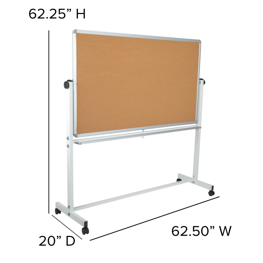 HERCULES Series 62.5"W x 62.25"H Reversible Mobile Cork Bulletin Board and White Board with Pen Tray. Picture 4