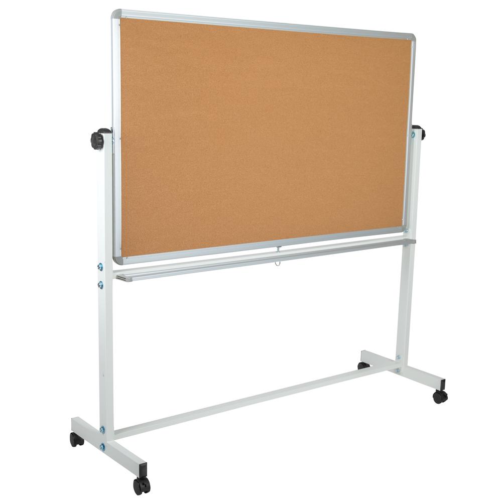 Reversible Mobile Cork Bulletin Board and White Board with Pen Tray, 62.5"W x 62.25"H. Picture 3