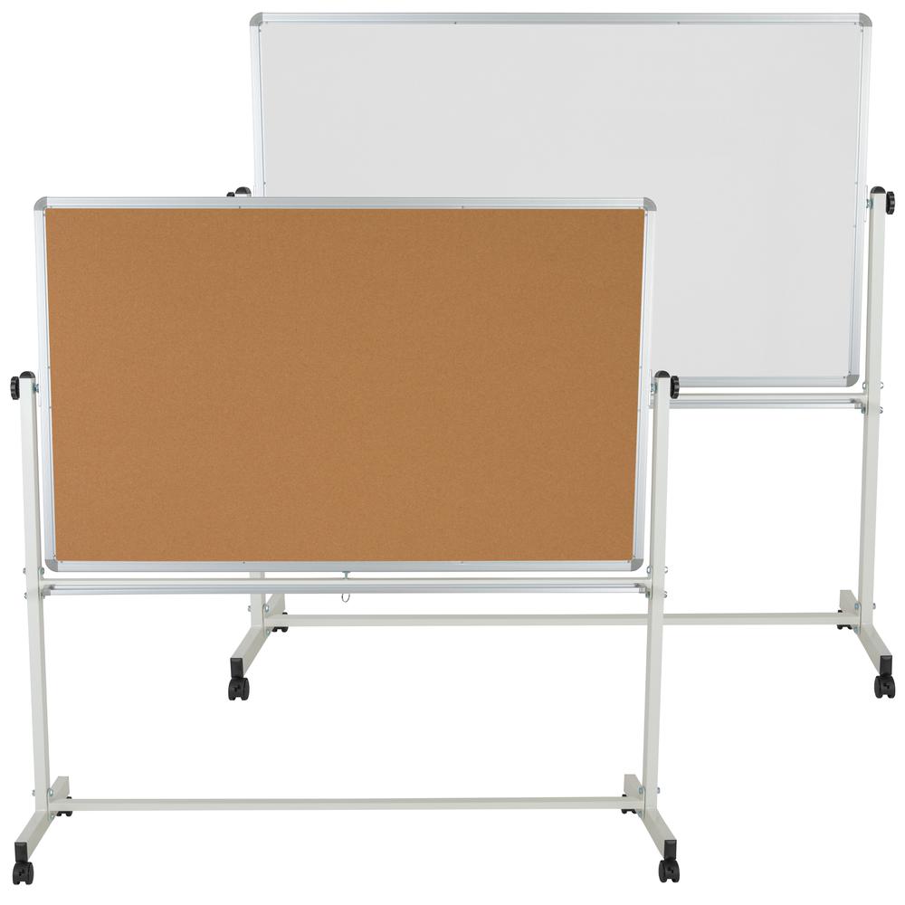 Reversible Mobile Cork Bulletin Board and White Board with Pen Tray, 64.25"W x 64.75"H. Picture 1
