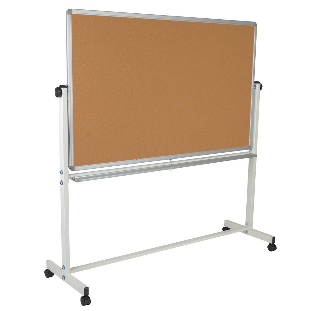 Reversible Mobile Cork Bulletin Board and White Board with Pen Tray, 64.25"W x 64.75"H. Picture 3