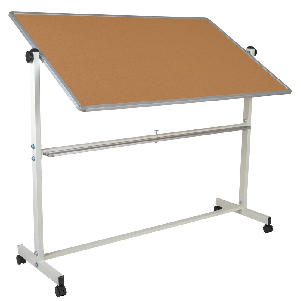 Reversible Mobile Cork Bulletin Board and White Board with Pen Tray, 64.25"W x 64.75"H. Picture 6