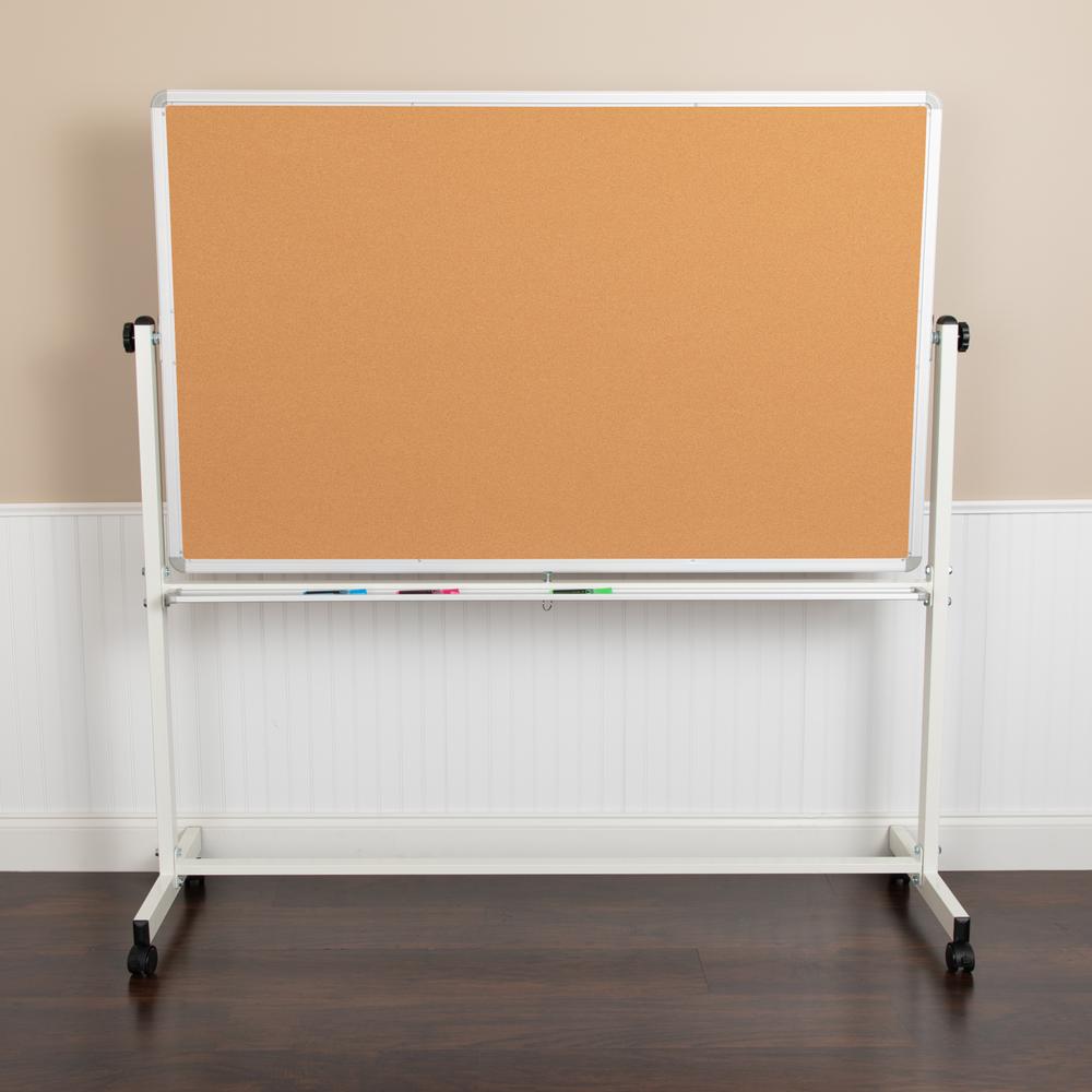 Reversible Mobile Cork Bulletin Board and White Board with Pen Tray, 64.25"W x 64.75"H. Picture 14