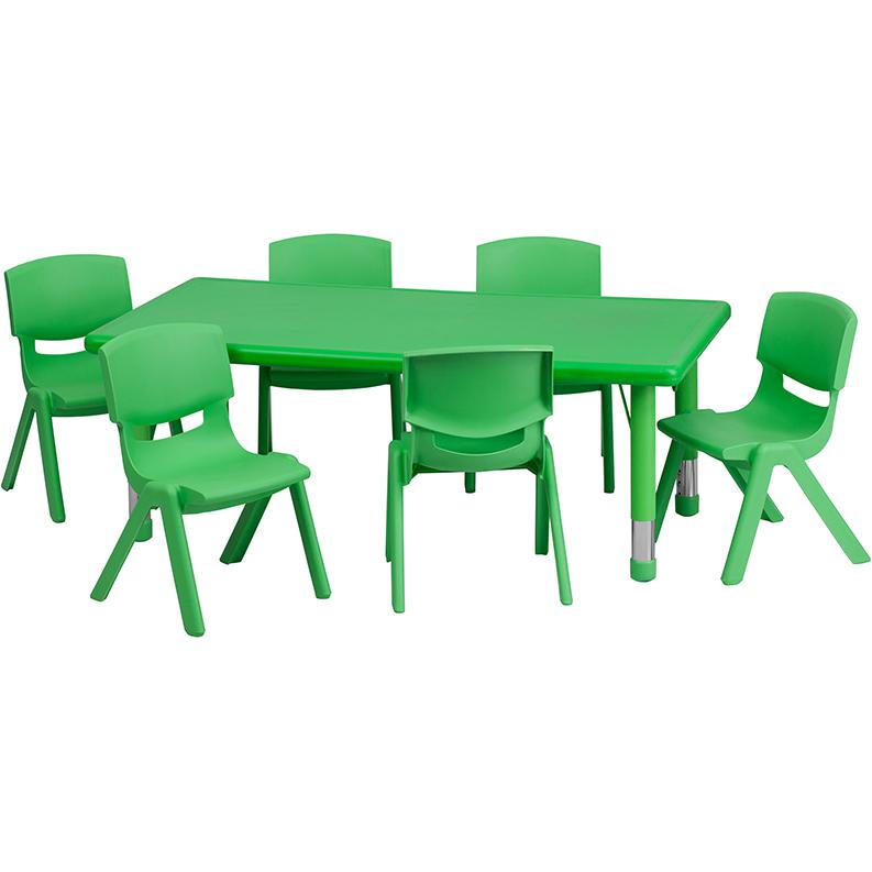 24''W x 48''L Green Plastic Height Adjustable Activity Table Set with 6 Chairs. Picture 2