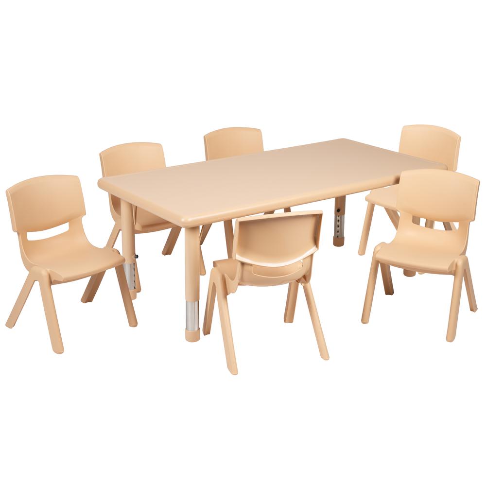 24"W x 48"L Natural Plastic Height Adjustable Activity Table Set with 6 Chairs. Picture 1