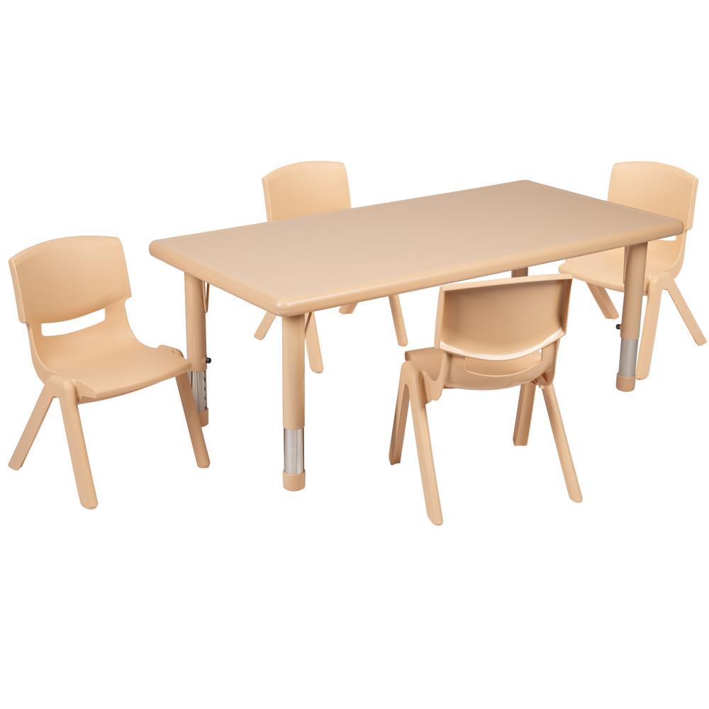 24"W x 48"L Rectangular Natural Plastic Height Adjustable Activity Table Set with 4 Chairs. Picture 1