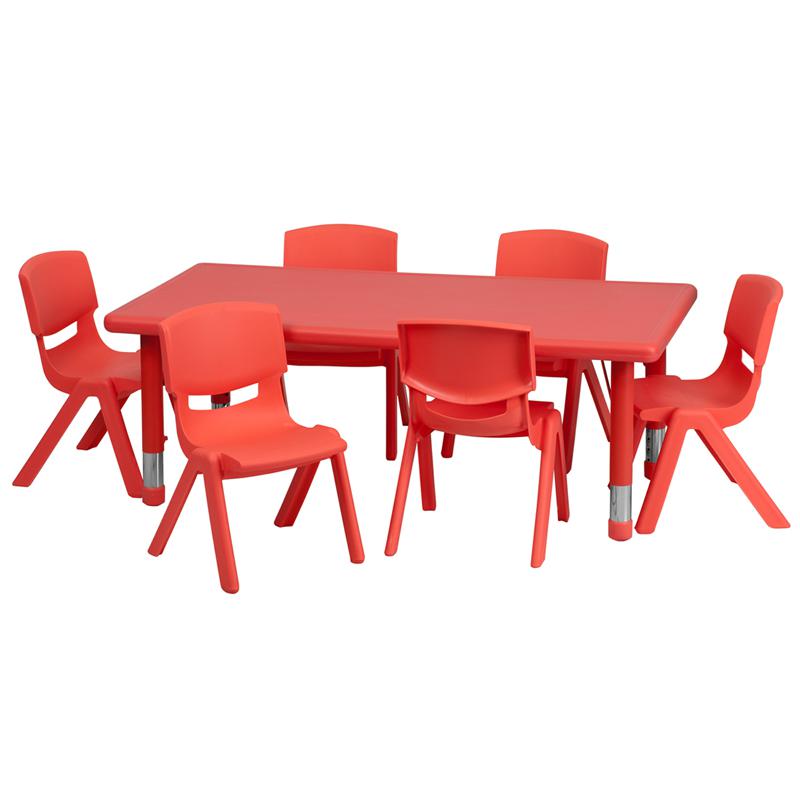24''W x 48''L Rectangular Red Plastic Height Adjustable Activity Table Set with 6 Chairs. Picture 1