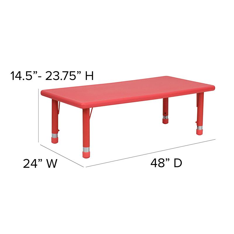 24''W x 48''L Rectangular Red Plastic Height Adjustable Activity Table Set with 6 Chairs. Picture 6