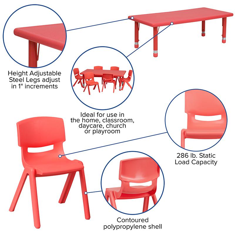 24''W x 48''L Red Plastic Height Adjustable Activity Table Set with 6 Chairs. Picture 5