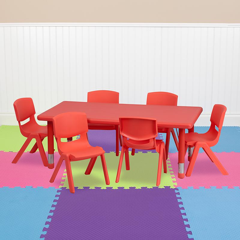 24''W x 48''L Rectangular Red Plastic Height Adjustable Activity Table Set with 6 Chairs. Picture 1