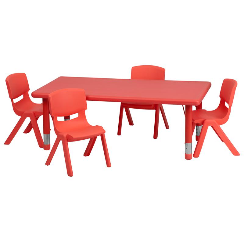 24''W x 48''L Red Plastic Height Adjustable Activity Table Set with 4 Chairs. Picture 2