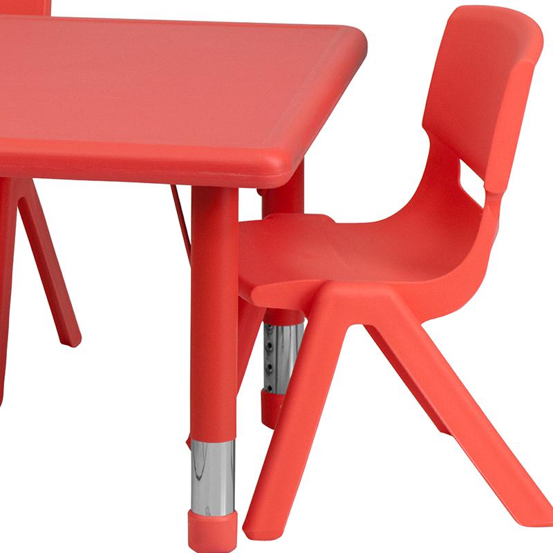 24''W x 48''L Red Plastic Height Adjustable Activity Table Set with 4 Chairs. Picture 7