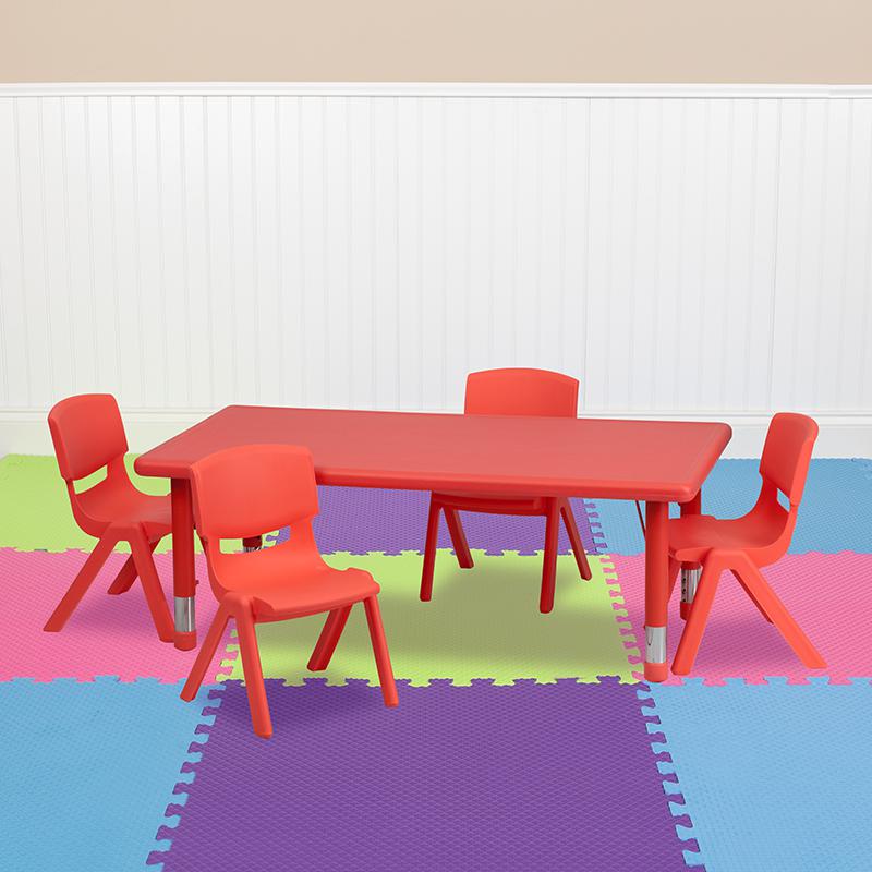 24''W x 48''L Red Plastic Height Adjustable Activity Table Set with 4 Chairs. Picture 1