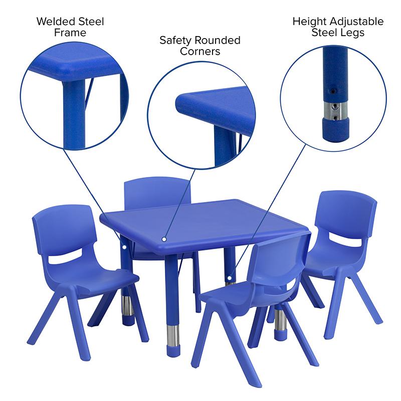 24'' Square Blue Plastic Height Adjustable Activity Table Set with 4 Chairs. Picture 5