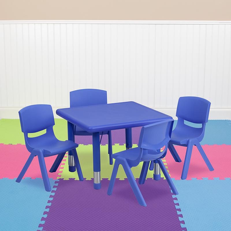24'' Square Blue Plastic Height Adjustable Activity Table Set with 4 Chairs. Picture 1