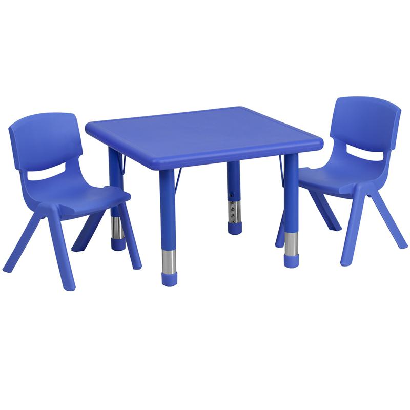 24'' Square Blue Plastic Height Adjustable Activity Table Set with 2 Chairs. Picture 2