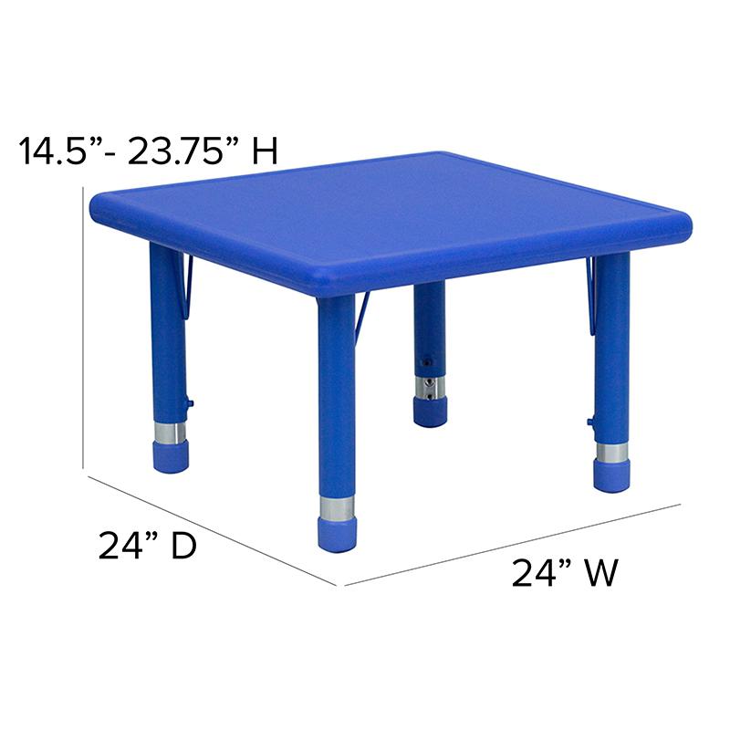 24'' Square Blue Plastic Height Adjustable Activity Table Set with 2 Chairs. Picture 6