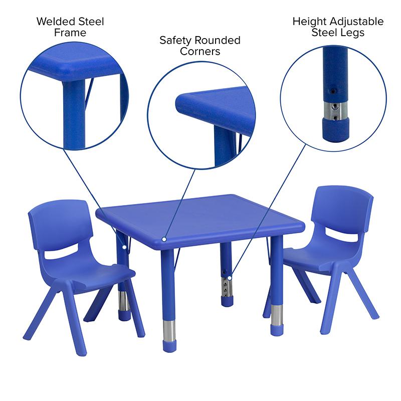 24'' Square Blue Plastic Height Adjustable Activity Table Set with 2 Chairs. Picture 5
