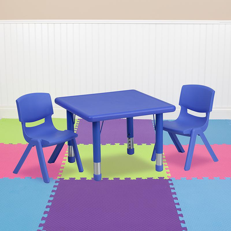 24'' Square Blue Plastic Height Adjustable Activity Table Set with 2 Chairs. Picture 1