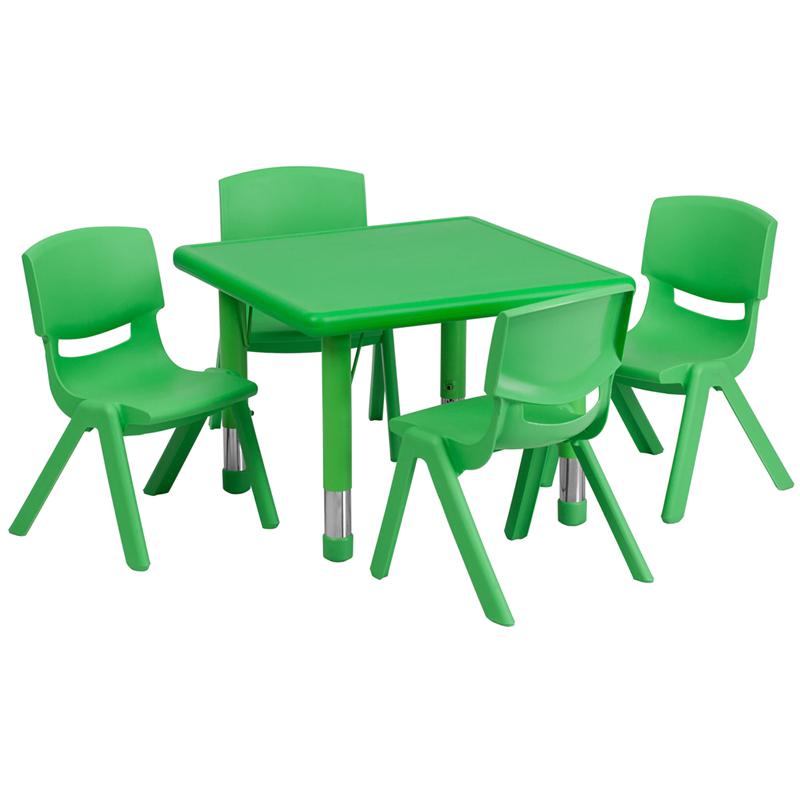 24'' Square Green Plastic Height Adjustable Activity Table Set with 4 Chairs. Picture 1