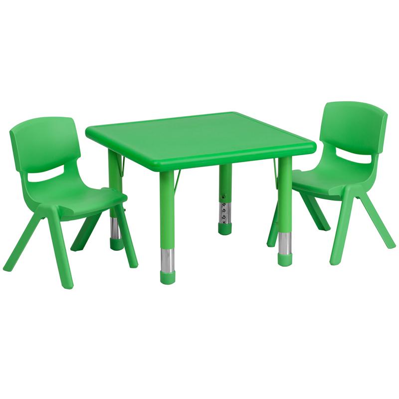 24'' Square Green Plastic Height Adjustable Activity Table Set with 2 Chairs. Picture 1