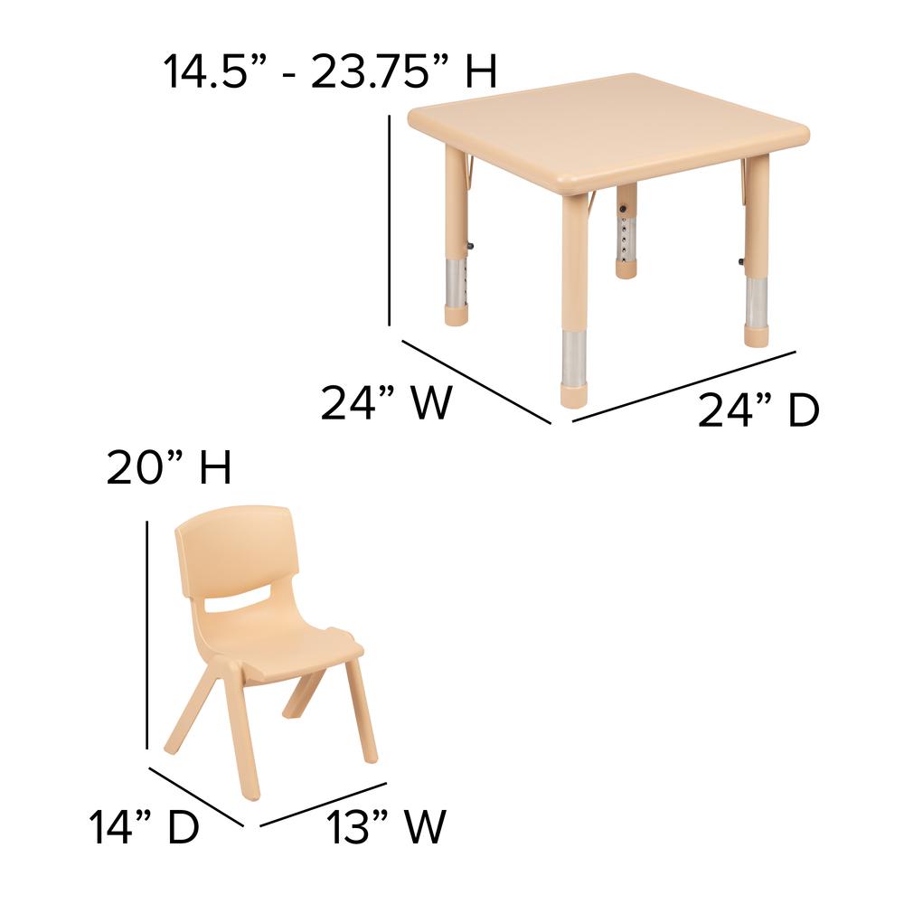 24" Square Natural Plastic Height Adjustable Activity Table Set with 4 Chairs. Picture 2