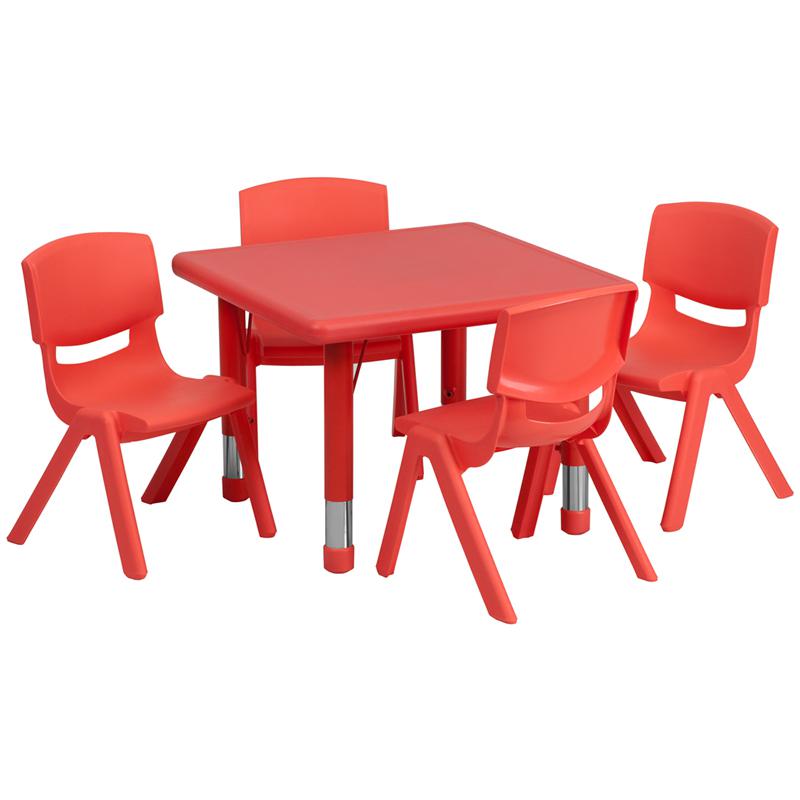 24'' Square Red Plastic Height Adjustable Activity Table Set with 4 Chairs. Picture 1