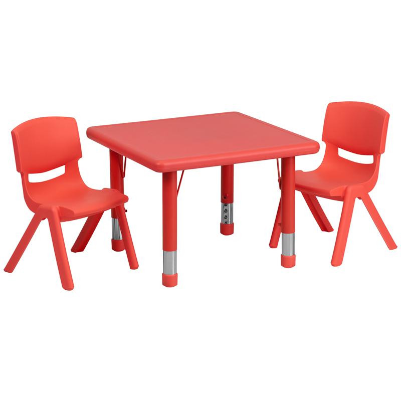 24'' Square Red Plastic Height Adjustable Activity Table Set with 2 Chairs. Picture 1