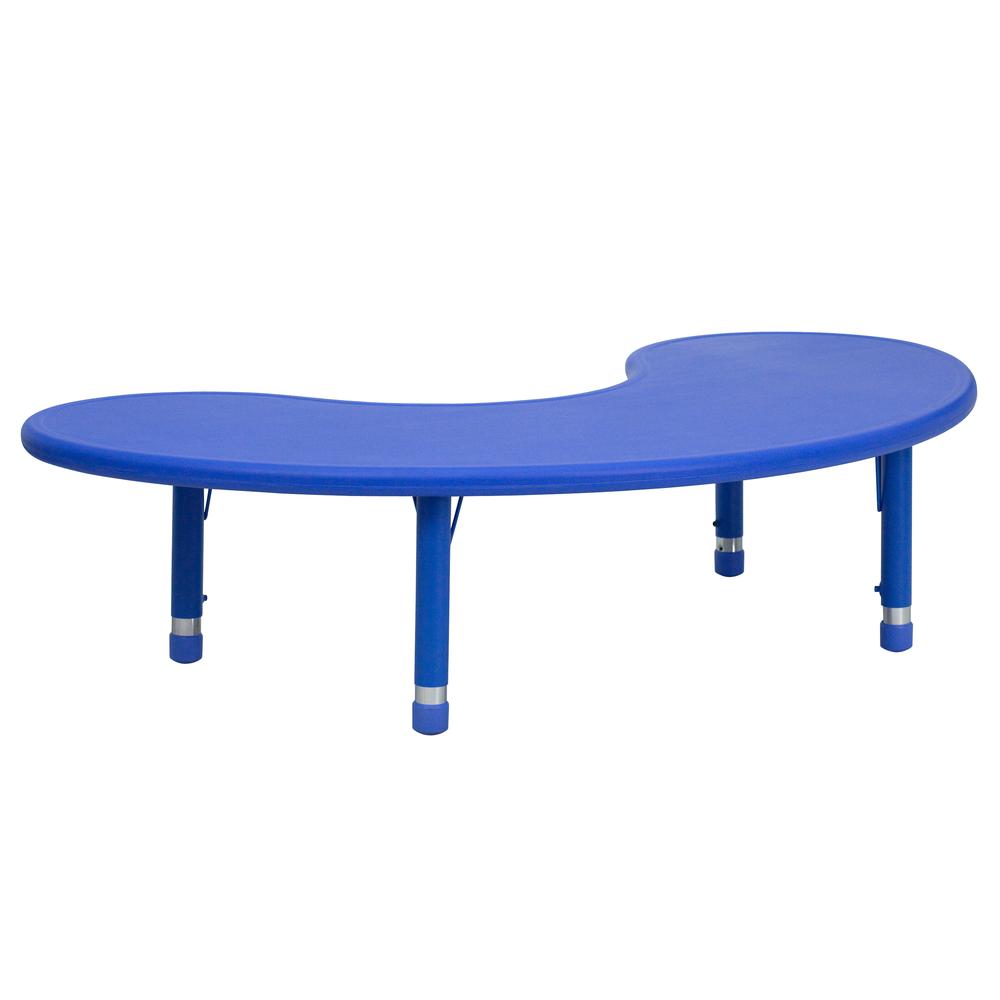 35''W x 65''L Half-Moon Blue Plastic Height Adjustable Activity Table. Picture 1