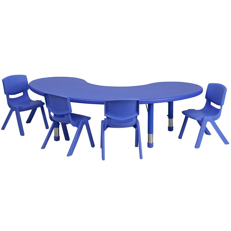 35''W x 65''L Half-Moon Blue Plastic Height Activity Table Set with 4 Chairs. Picture 1