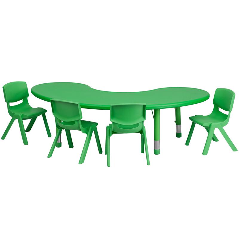 35''W x 65''L Half-Moon Green Plastic Height Adjustable Activity Table Set with 4 Chairs. Picture 1