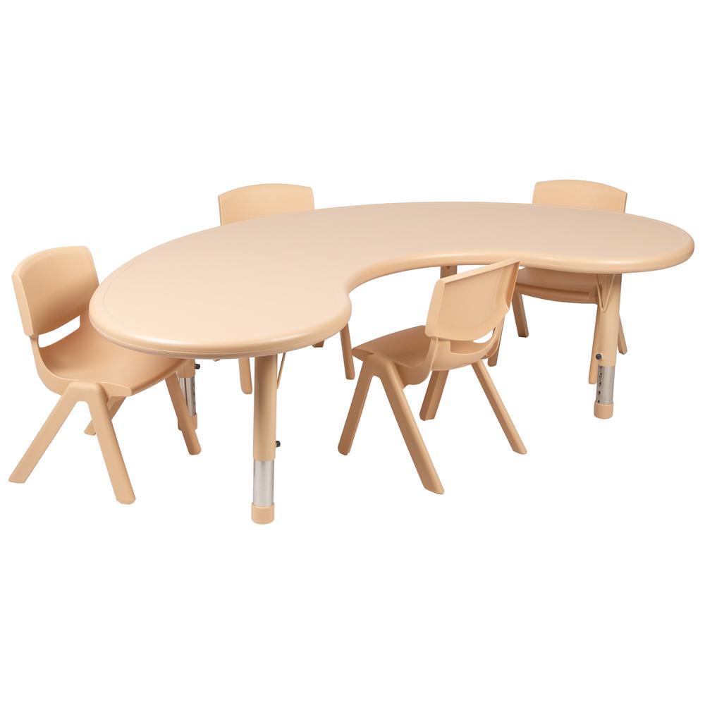 35"W x 65"L Half-Moon Natural Plastic Height Adjustable Activity Table Set with 4 Chairs. Picture 1