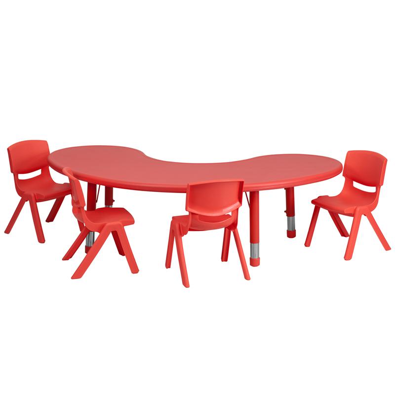 35''W x 65''L Half-Moon Red Plastic Height Activity Table Set with 4 Chairs. Picture 1